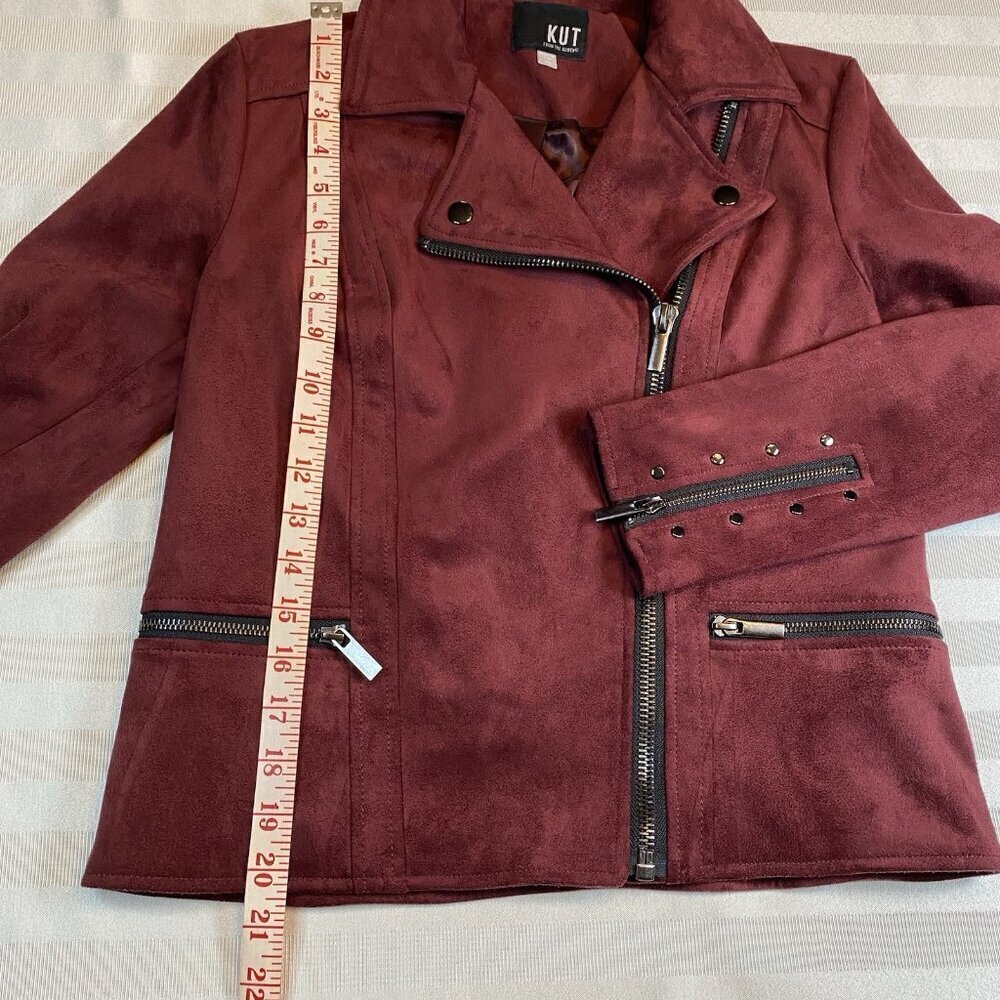 KUT From The Kloth Moto Jacket Womens Sz XS Burgundy Faux Suede Asymmetrical Zip - Picture 10 of 14